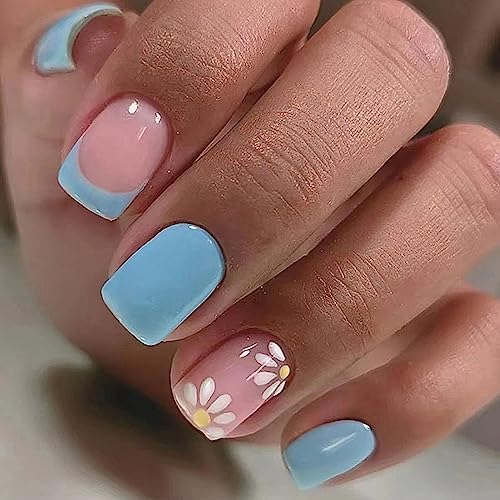 Amazon.com: Uñas acrílicas cortas cuadradas azules, uñas postizas ...